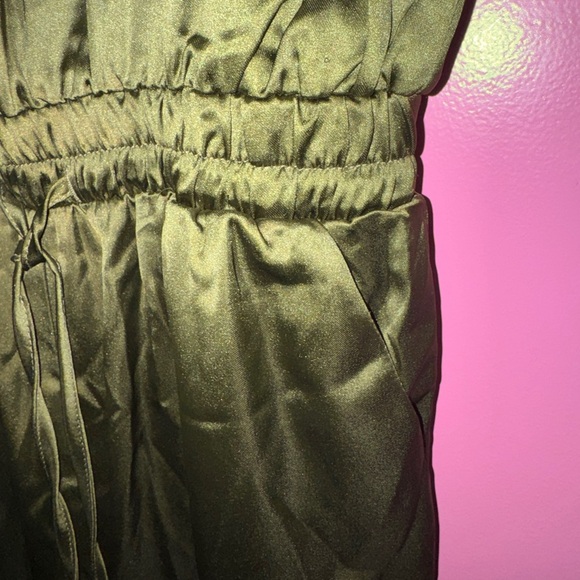 BTFBM Satiny Olive Green V-Neck Jumpsuit with Adjustable Straps - Picture 3 of 7